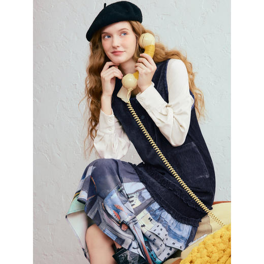 两三事花未眠时2025冬季新款复古印花裙摆拼接雪尼尔背心裙连衣裙 商品图2