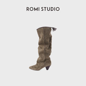 ROMI STUDIO丝光牛反绒手工缝线皱感尖头粗跟高筒靴 RWCWP37086