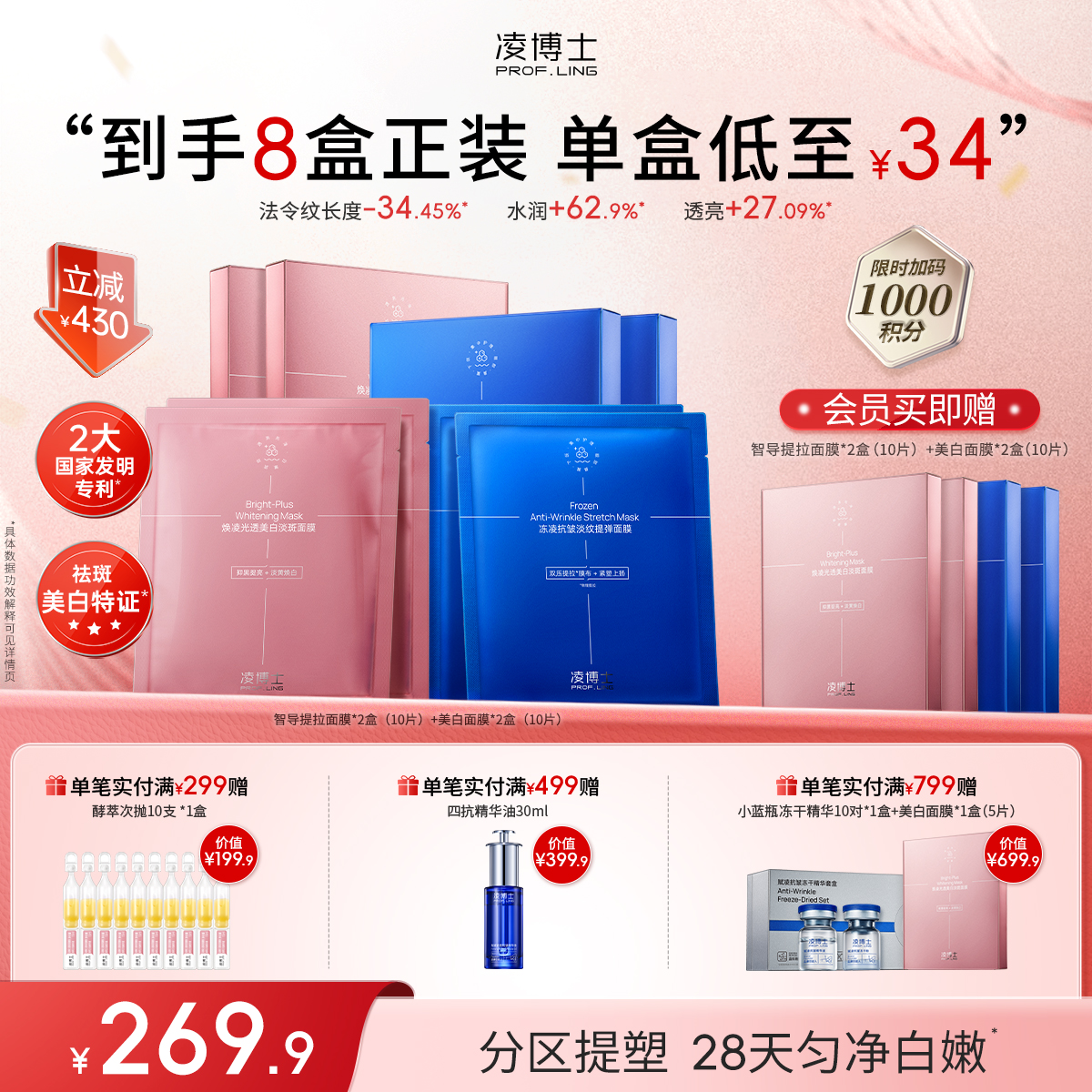 【年终回馈】凌博士美白淡斑面膜+智导提拉面膜组合早晚修护持证美白淡纹去红