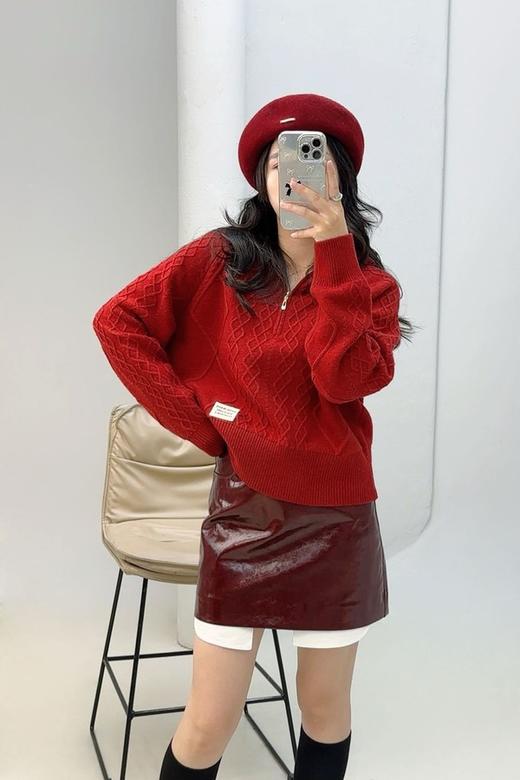 LNNNS 红色吸睛拉链绞花翻领毛衣 21805 商品图0