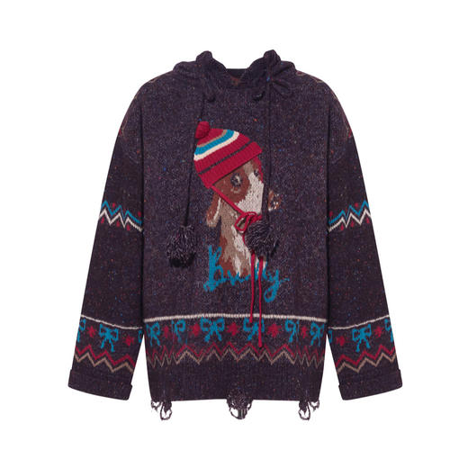 两三事 毛绒协奏 2025冬季新款趣味立体帽子小狗图案套头连帽毛衣 商品图4