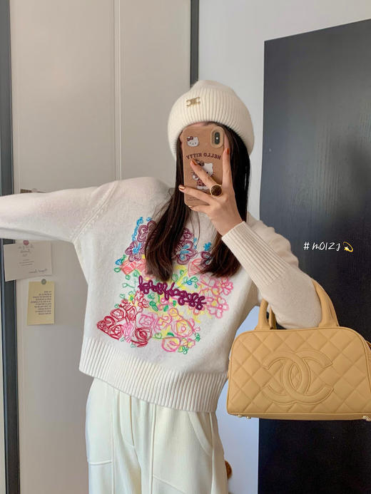 莫奈花园重工彩线花朵刺绣羊毛兔绒混纺针织毛衣 商品图6