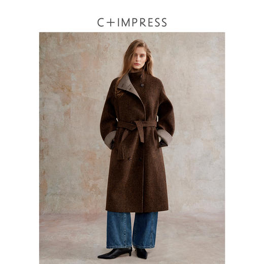 花纱羊毛撞色拼接双排扣长款复古单面毛呢大衣 商品图1