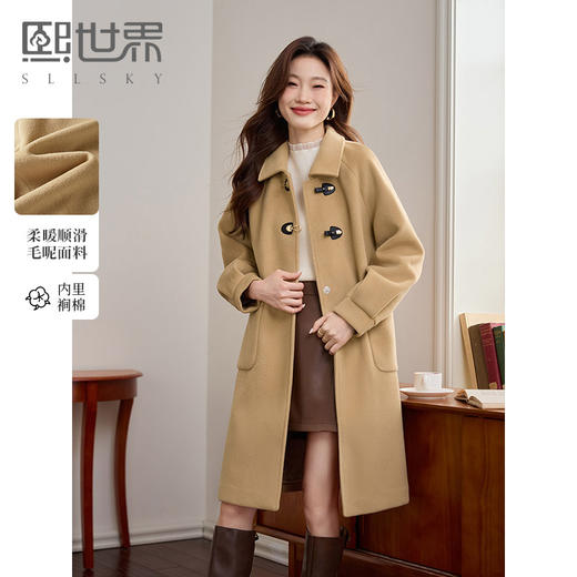 【年货节】熙世界毛呢外套中长款女冬季2025年新款复古加厚夹棉翻领呢子大衣 商品图0