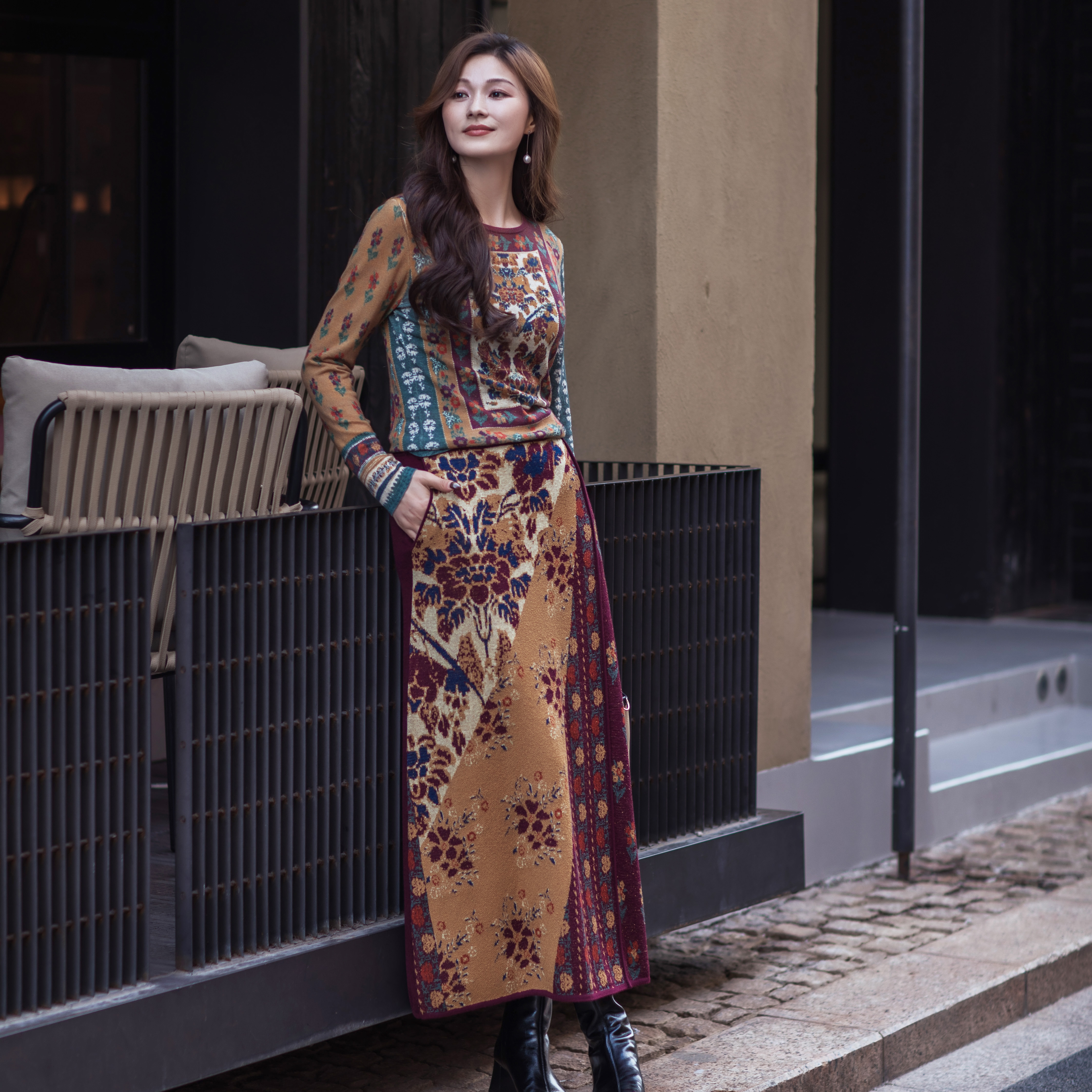 【林栖设计小店】（预售1.3）秋色鸳鸯提花毛织半身裙绵羊毛复古优雅传统气质2025秋冬新款裙子G1954289