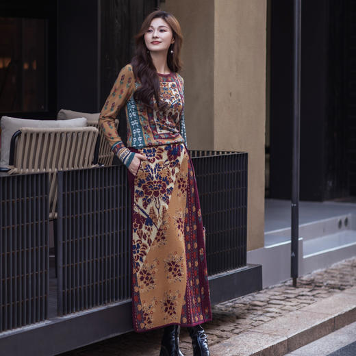 【林栖设计小店】（预售1.3）秋色鸳鸯提花毛织半身裙绵羊毛复古优雅传统气质2025秋冬新款裙子G1954289 商品图0