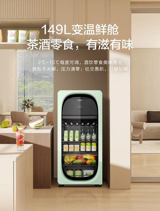海尔（Haier）【新品】169升风冷无霜冰吧冻藏双温分区存储茶叶饮料水果保湿保鲜柜家用客厅办公室冷藏冷冻酒柜 【新品】烟波绿169L冻藏双温双控 商品图6