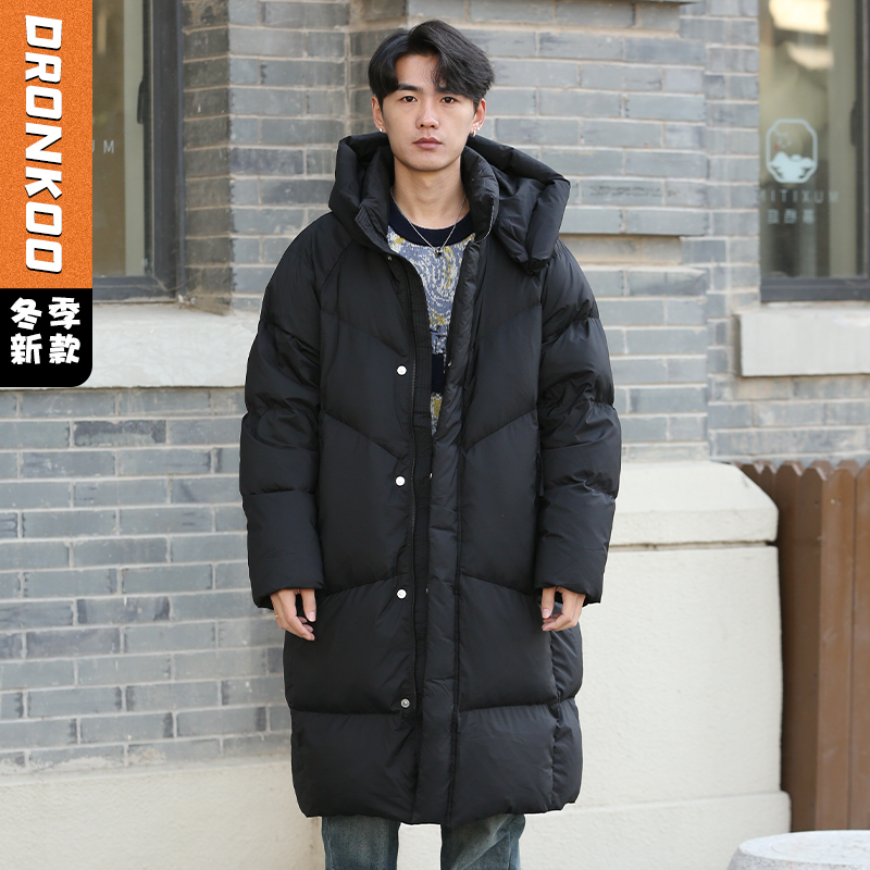 DRONKOO 2025 连帽后幅织带前斜绗线中长款厚羽绒服