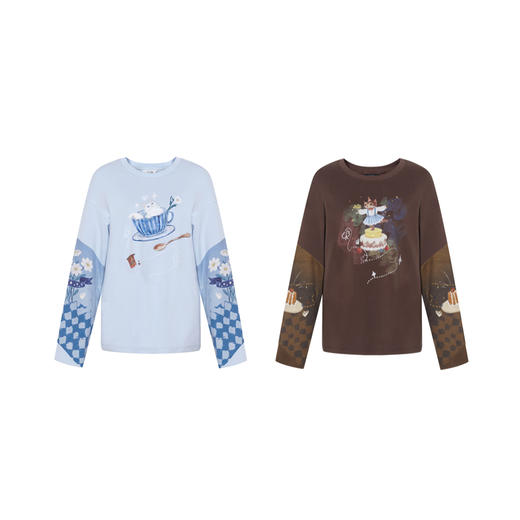 两三事 素写日常 2025冬季新款小清新印花拼接长袖t恤女宽松 商品图4