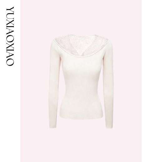 余潇潇【念念繁星】气质透肤烫钻网纱拼接V领针织修身打底衫内搭 商品图3