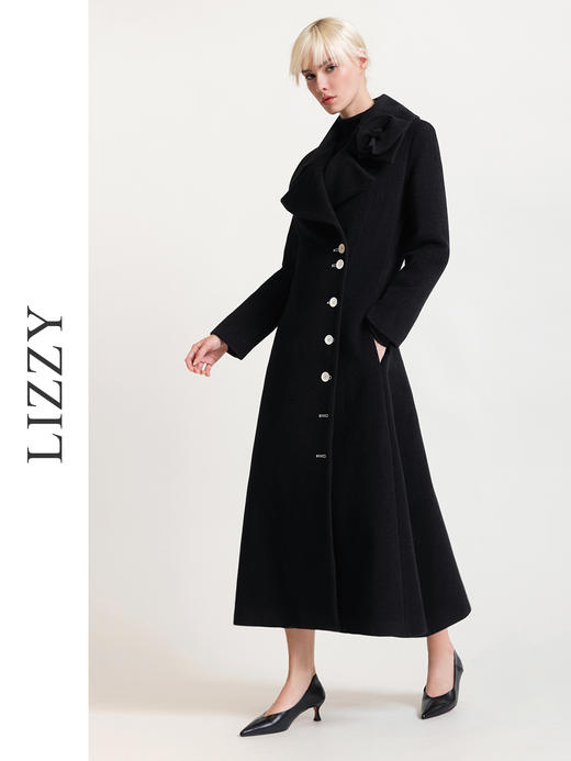 LIZZY 秋冬欧式复古手工盘花大翻领配可脱卸胸针绵羊毛长款大衣外套6372 商品图1