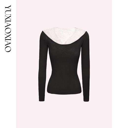 余潇潇【念念繁星】气质透肤烫钻网纱拼接V领针织修身打底衫内搭 商品图4