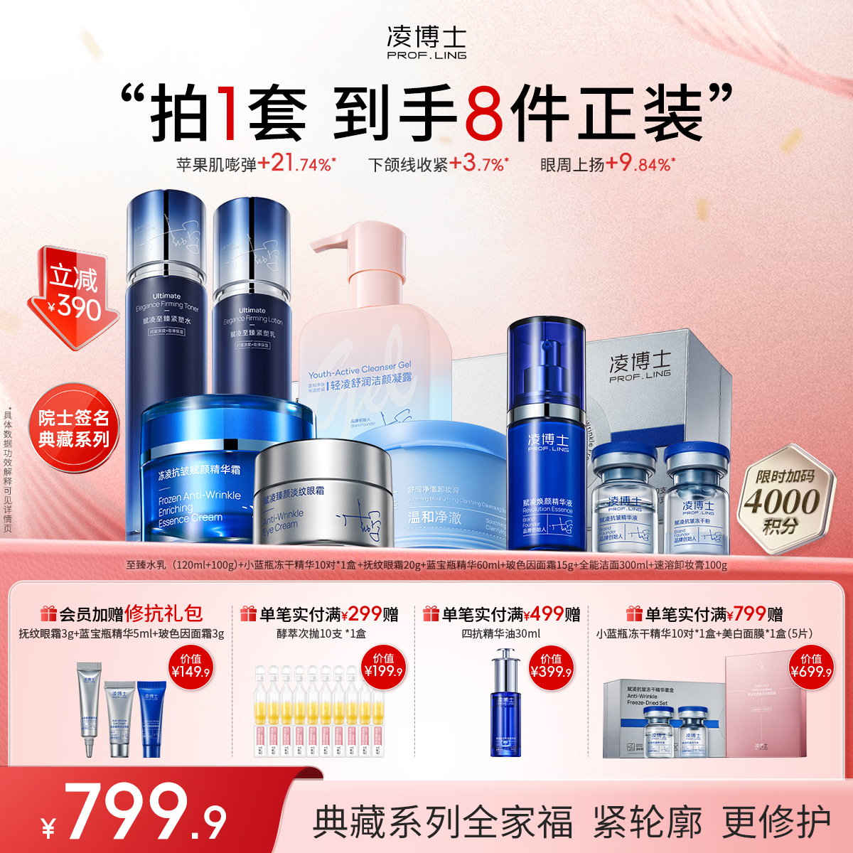 【年终回馈】院士亲研典藏系列全家福：至臻水乳+小蓝瓶冻干精华+抚纹眼霜+蓝宝瓶精华+玻色因面霜15g+全能洁面+卸妆膏