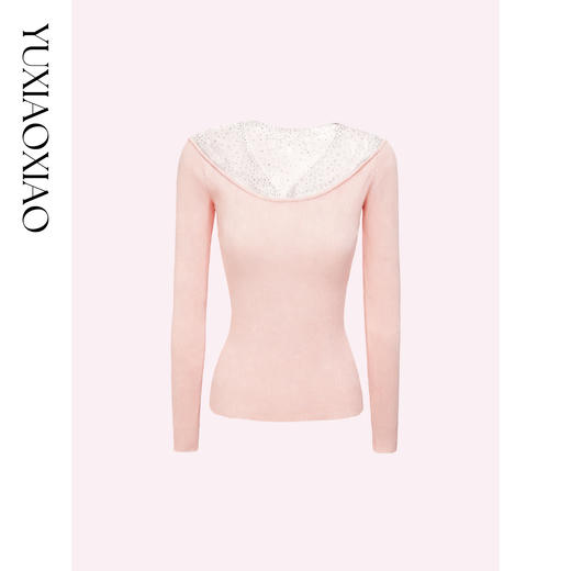 余潇潇【念念繁星】气质透肤烫钻网纱拼接V领针织修身打底衫内搭 商品图2