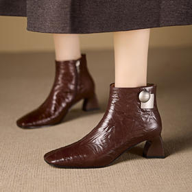 【预售5天】新款法式复古英伦风方头粗跟真皮短靴高跟女士时装靴MBJR-6980