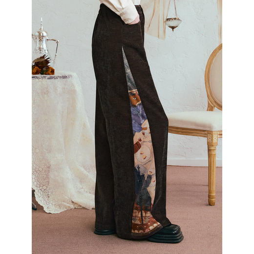 两三事 夜色垂坠 2025冬季新款复古印花拼接雪尼尔休闲裤女宽松 商品图3