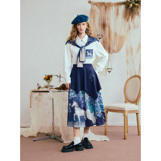 两三事梵高文艺尘间花信2025冬新款复古立体蝴蝶结印花拼布半身裙 商品图3