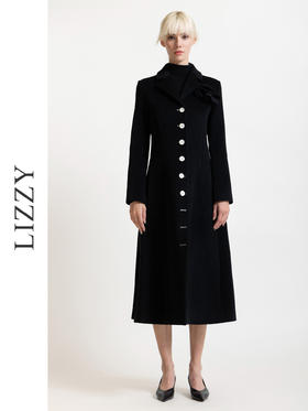 LIZZY 秋冬欧式手工盘花胸针侧开叉撞色扣绵羊毛长款大衣外套6364