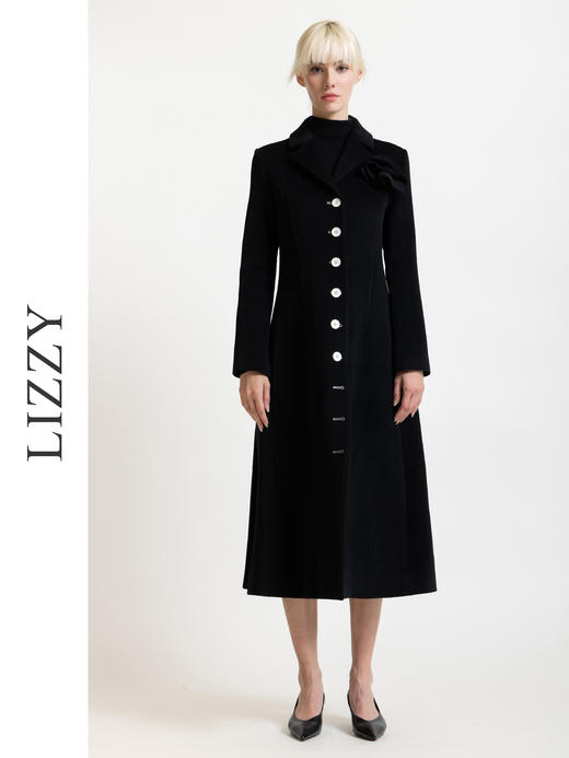 LIZZY 秋冬欧式手工盘花胸针侧开叉撞色扣绵羊毛长款大衣外套6364 商品图0