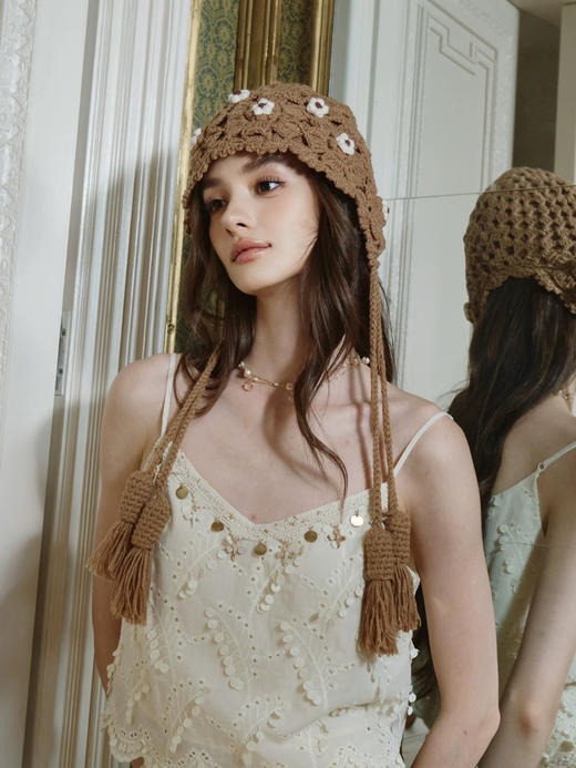 卡其色立体花朵手钩编织毛线帽子 商品图0