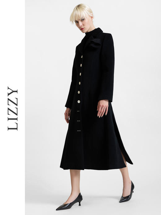 LIZZY 秋冬欧式手工盘花胸针侧开叉撞色扣绵羊毛长款大衣外套6364 商品图1