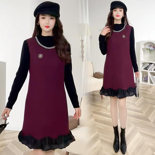 QYM 5513小香风毛呢背心裙 拼接百褶裙摆A字显瘦连衣裙 商品图1