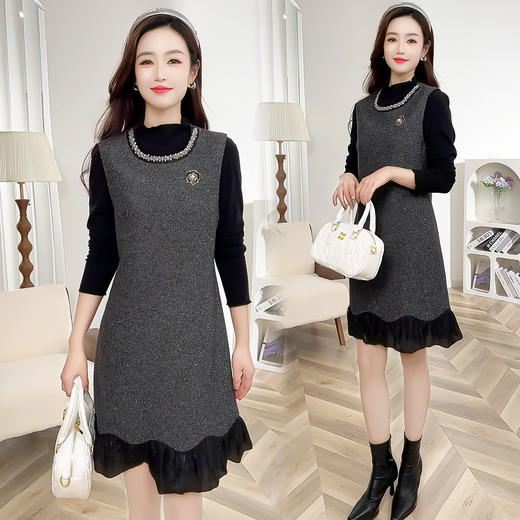 QYM 5513小香风毛呢背心裙 拼接百褶裙摆A字显瘦连衣裙 商品图0