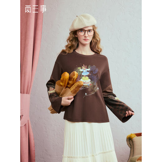 两三事 素写日常 2025冬季新款小清新印花拼接长袖t恤女宽松 商品图0