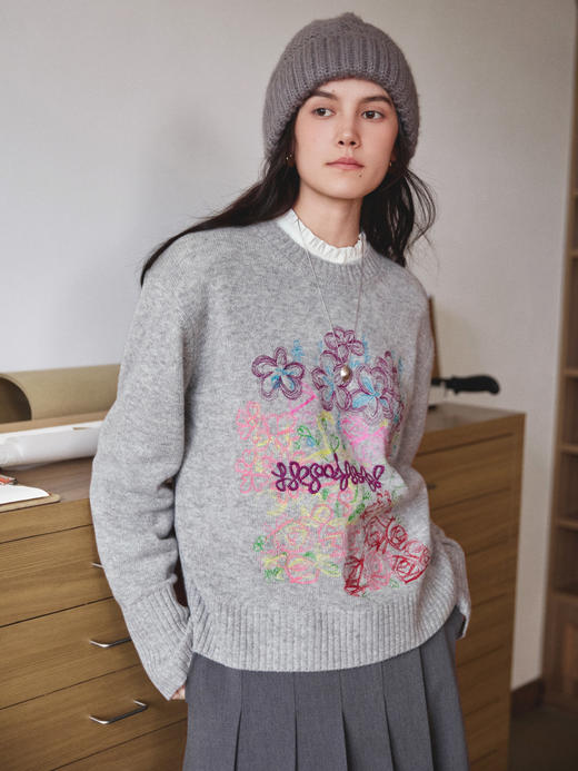 莫奈花园重工彩线花朵刺绣羊毛兔绒混纺针织毛衣 商品图3