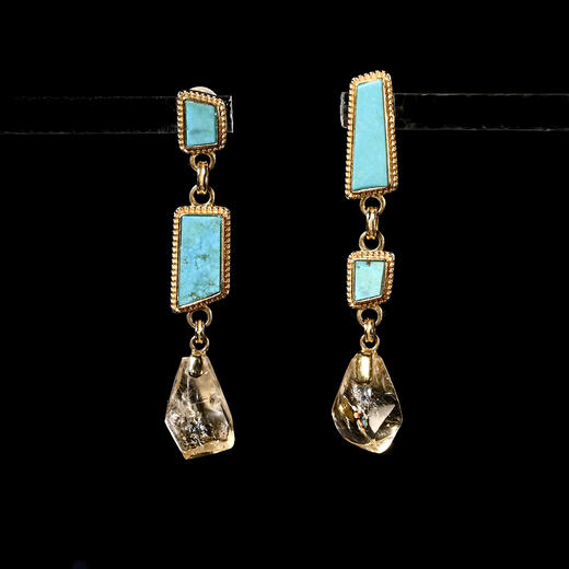 商代绿松石+南亚高古黄水晶不对称耳环 商品图0