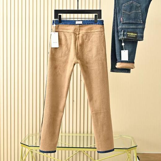 Gucci古驰秋冬新款字母皮标加绒加厚商务休闲弹力直筒牛仔裤。 商品图2