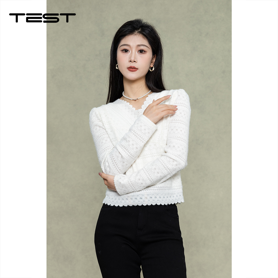 冬上新法式V领蕾丝修身收腰打底衫1254135