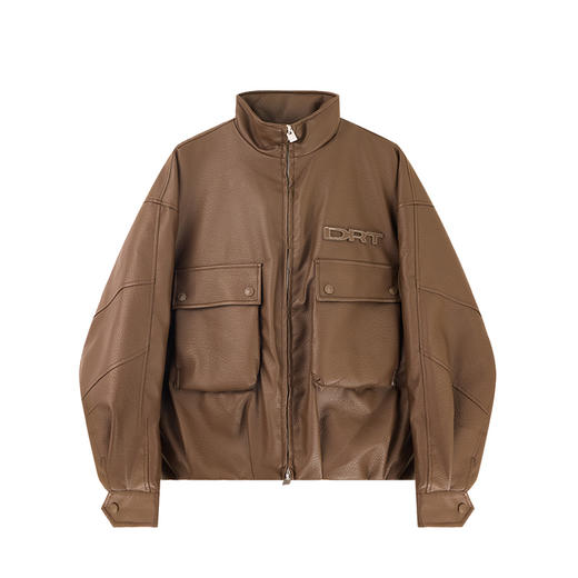 徐太浪【大口袋 字母贴布】PU皮夹克式羽绒服男冬季防寒黑色外套 商品图4