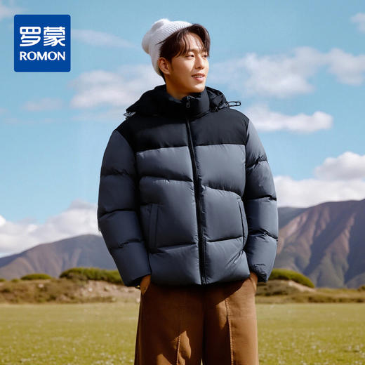 罗蒙冬季短款羽绒服男士拼色连帽休闲百搭面包服保暖羽绒外套 商品图0