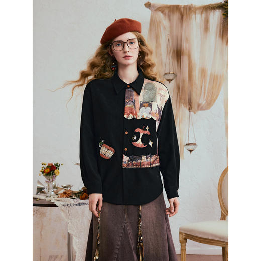 两三事 暗流沉迹 2025冬季新款复古印花拼接刺绣长袖衬衫女 商品图3