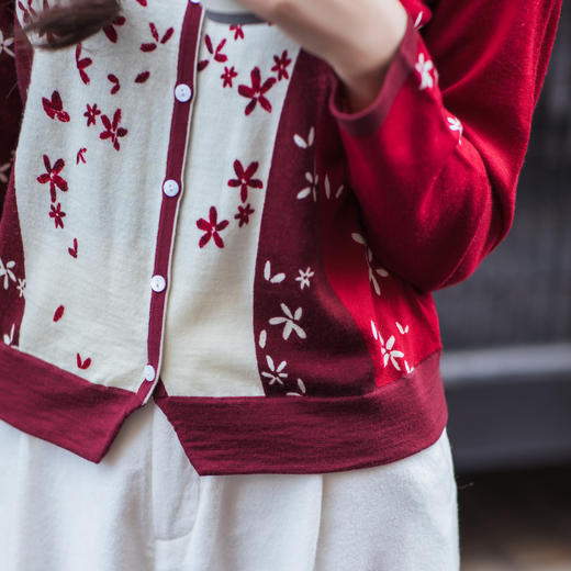 【林栖设计小店】【林栖推荐】（预售）2026早春新款红色与白色撞色羊毛印花针织开衫N1961279 商品图7