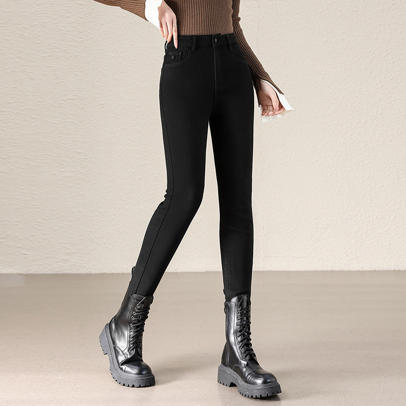 「自」全新升级【铂金会员146/天猫199/差价53】(01256)洛诗琳加绒弹力牛仔九分小脚裤2025秋冬高腰修身显瘦铅笔裤