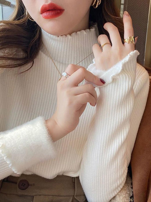 【加绒半高领针织衫】女冬季弹力紧身软糯加厚保暖木耳边打底衫毛衣潮 商品图4