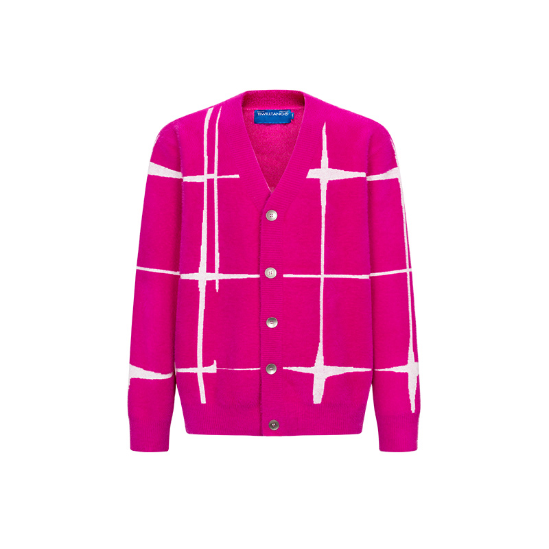 TIWILLTANG启世录“星硭 "仿貂毛休闲原创格子提花开衫毛衣针织男