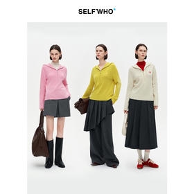 SELFWHO100%绵羊毛半拉链笑脸针织衫女2026春新款毛织连帽衫上衣