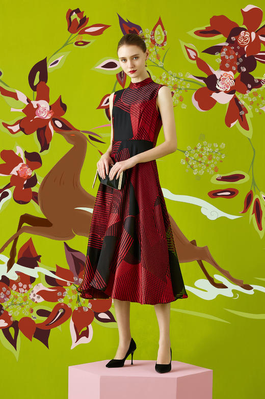 【伯妮斯茵】3S4643几何印花曙红色连衣裙《优雅妩媚系列》-【木兰花开--离骚】 商品图1