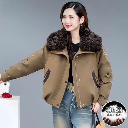 QYM J25819时尚休闲翻领短款派克服外套洋气毛毛领宽松夹克 商品图3