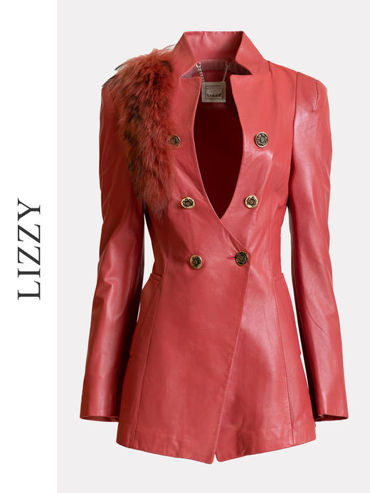LIZZY秋冬绵羊皮貉子毛装饰双排扣修身皮衣外套5128 商品图4