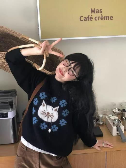 【YW】无忧购可爱猫咪提花圆领毛衣女秋冬宽松百搭减龄针织衫上衣1098#（截单后3-5天发货） 商品图6