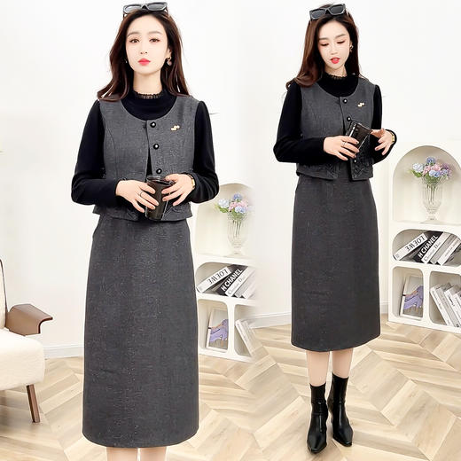 QYM 5510小香风气质时尚套装裙优雅气质马甲半身裙假两件套 商品图0