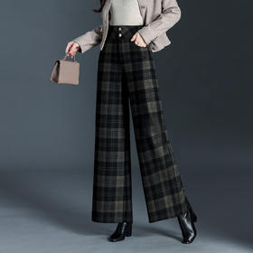毛呢阔腿裤厚款女装格纹直筒裤宽松休闲长裤MYX7059