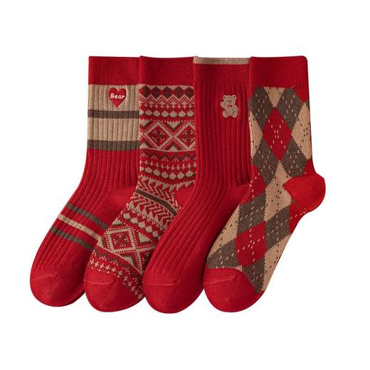 【2026本命转运重工刺绣羊毛袜】礼盒红袜子女秋冬羊毛袜加厚保暖双针无线头新年礼盒装红色中筒袜 商品图4