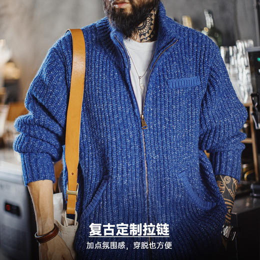 马登工装美式冰蓝色开衫加厚毛衣立领垂感高领保暖针织衫外套男冬 商品图2