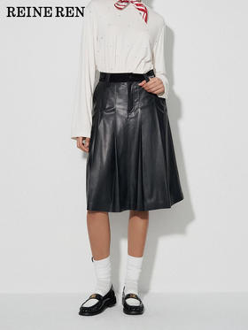 丝绒拼皮压褶半裙