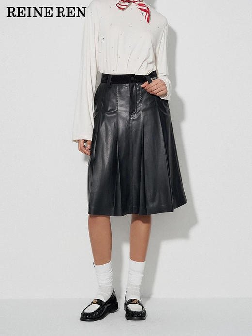 丝绒拼皮压褶半裙 商品图0